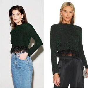 NWT Saylor Amiri Green Glitter Metallic Feather Trim Ruched Long Sleeve Top XS